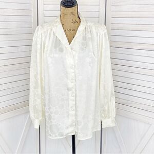 Helen Fabrikant Vintage Satin Jacquard V Neck Blouse Cream Medium Long Sleeve